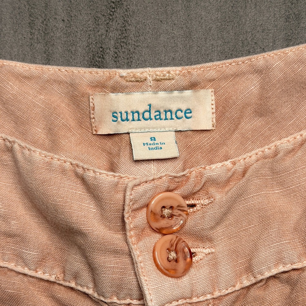 Sundance Linen Cotton Pants Womens 8 Pink Lace Trim Cropped Tapered Boho Patch - Picture 3 of 9